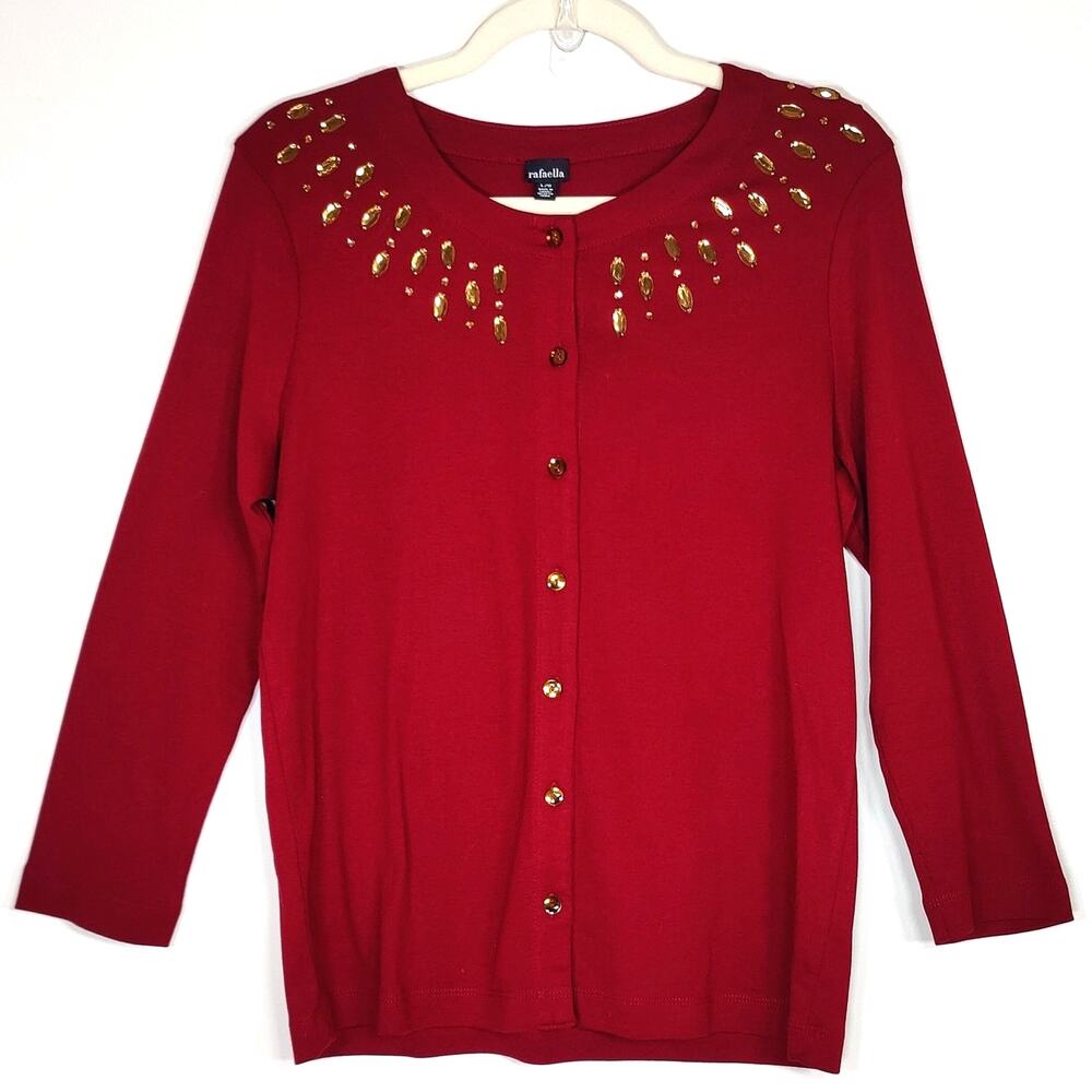 100% Cotton Embellished Cardigan Quiet Luxury‎ Burgundy L